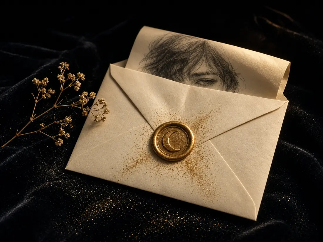 A sealed cream envelope with a gold moon wax seal, a folded pencil portrait just visible inside.