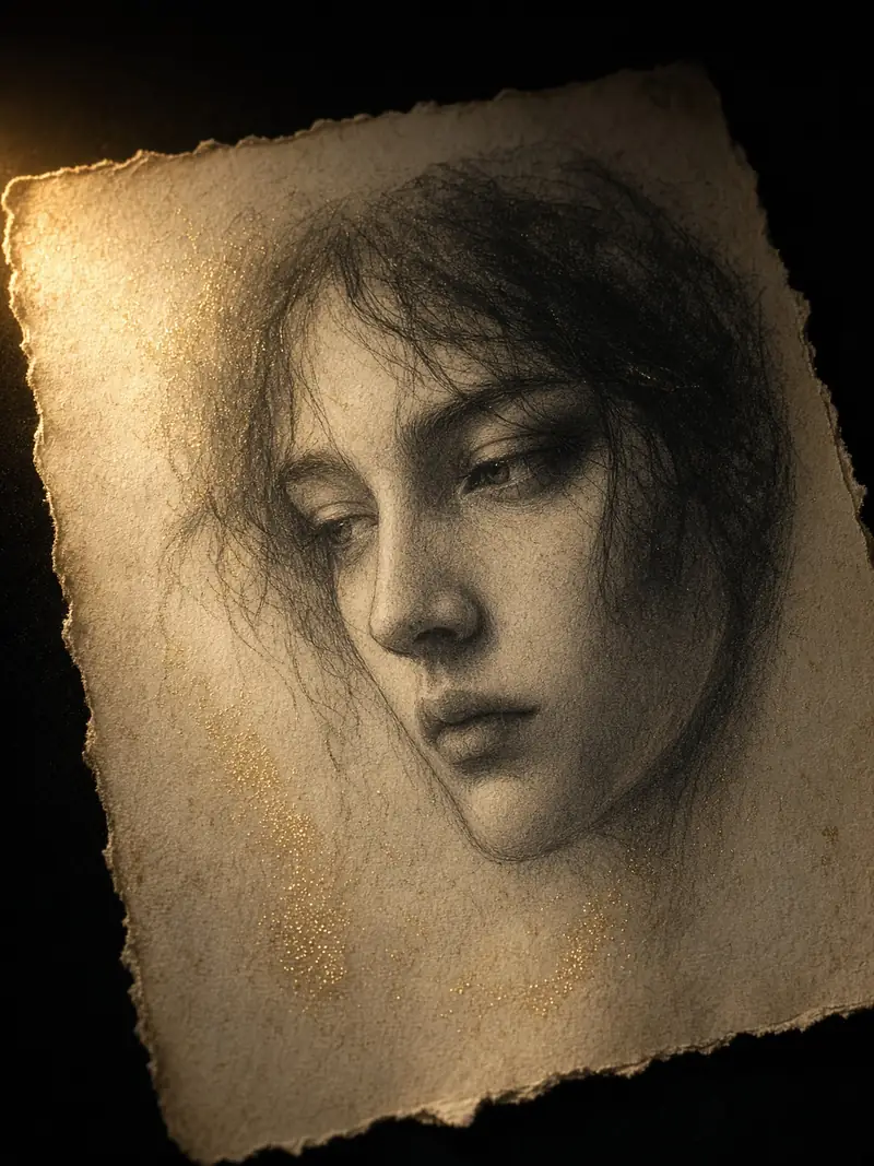 A graphite pencil portrait on aged paper, lit by warm moonlight — an example of the soulmate sketch style.